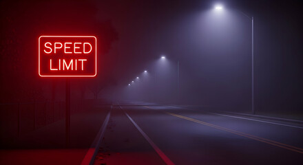 Eerie Nighttime Scene of Neon Speed Limit Sign on Empty Road