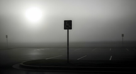 Eerie Parking Lot Scene With Wheelchair Symbol In Dense Morning Fog