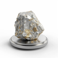 Metal meteorite toy shines under bright light on a simple circular base, showcasing its unique texture and color variations