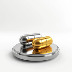 Metal pills set isolated on a reflective surface showcasing silver and gold capsules for pharmaceutical representation