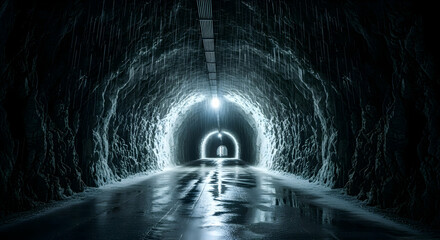 Eerie Tunnel With Dim Lighting Reflecting On Wet Surface And Dripping Water