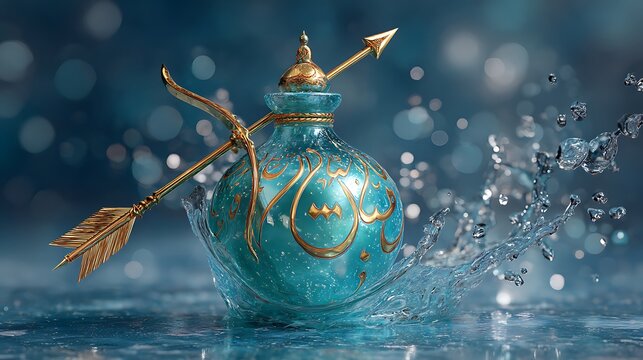 A symbolic arrow piercing a water bag, referencing Hazrat Abbas (AS)
