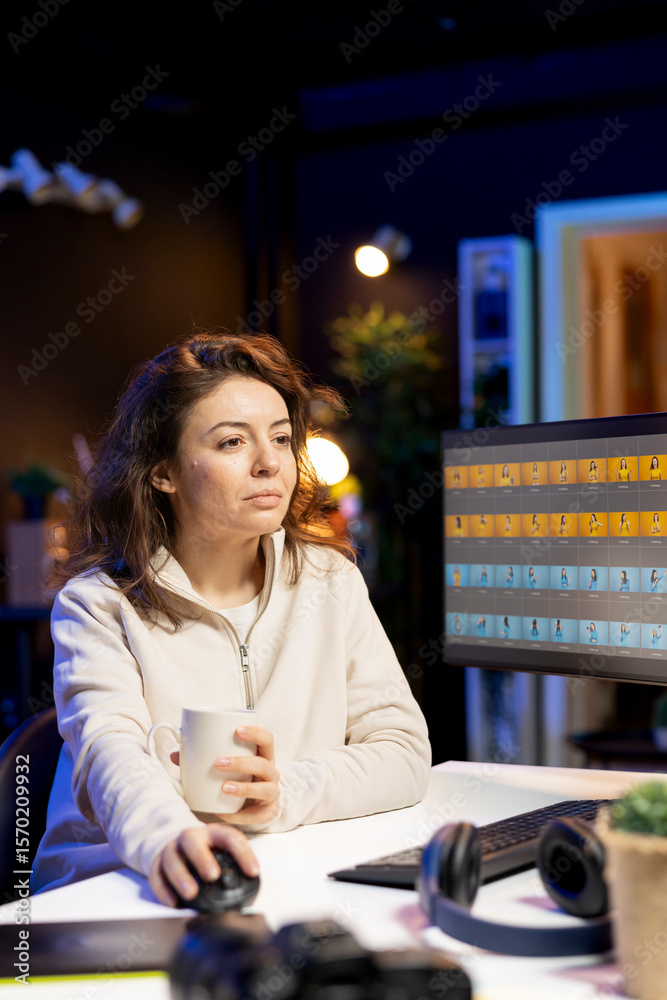 Poster photographer using software on computer to perform editing operations, enjoying cup of coffee while 