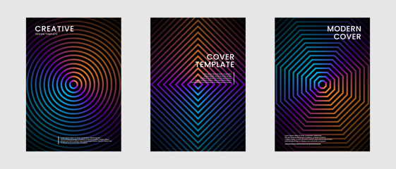 Minimal abstract covers set. Colorful geometric background bundle with lines styles decoration on dark space. Modern graphic design element stripes concept for web banner, flyer, card, or brochure