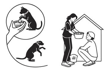 Pet Sitting Service Logo Silhouettes — Minimal Icons of Caregiver, House Visit, Feeding Bowl, Pet Hug for Branding & Merch
