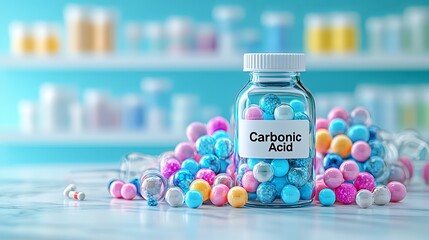 A close-up of a glass jar labeled 'Carbonic Acid,' surrounded by colorful beads, set against a blurred laboratory background.