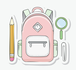 school supplies- pencil, glue stick, backpack, ruler, magnifying glass