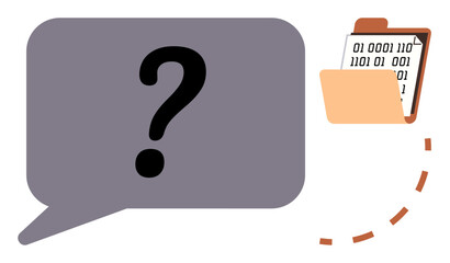 Question mark speech bubble near folder with binary data, suggesting data interpretation challenges. Ideal for communication, technology, analysis, uncertainty, information systems, problem-solving