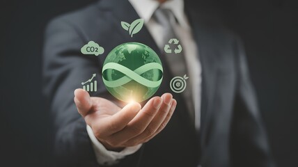 Businessman Holding Green Sustainability Icon Renewable Energy Eco Friendly Concept Environmental Protection Circular Economy Future Growth