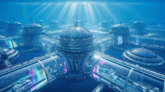 Underwater city domes span ocean floor, underwater city glints under sun rays, explorers thrive inside underwater city network. Concept marine utopia