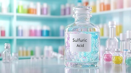 Clear glass bottle containing sulfuric acid, surrounded by colorful laboratory supplies in a bright setting.