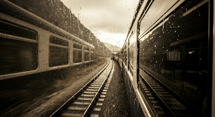 Obraz premium Nostalgic Train Journey Through Rain Sepia Tones On A Classic Railcar Ride