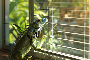 Caged Iguana watching the outdoors through blinds, longing for sunlight and freedom beyond the domestic confinement