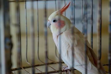 Caged Bird trapped behind bars with pale feathers and red crest in harsh artificial indoor lighting