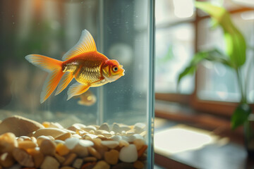 Fish in a Fishbowl staring outward from corner of clear tank, alone in filtered morning light and silence