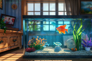 Fish in a Fishbowl floating with companions in cozy tank surrounded by plants and bright filtered daylight indoors