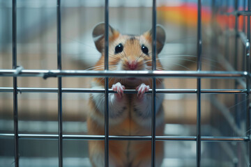 Hamster in Cage gripping harsh black bars in dim environment, searching outward with silent desperation and tiny hope