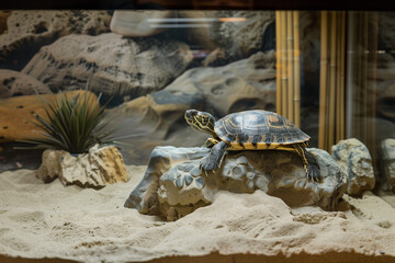 Turtle in Aquarium perched on faux stone in dry enclosure, unable to roam beyond artificial sandy boundaries