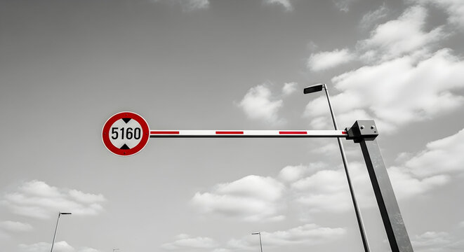 Height Restriction Barrier With A Red Warning Sign Against Cloudy Sky Minimalist