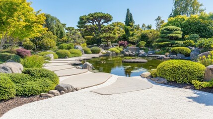 Serene zen garden with winding pathways and tranquil water feature.