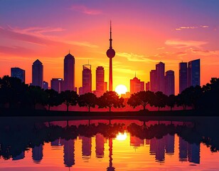 Fototapeta premium City skyline at sunrise reflected on water