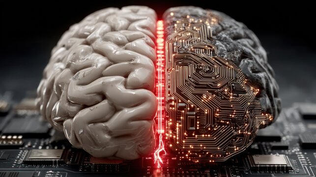 Two halves of a brain, one organic, one technological, on a circuit board - Powered by Adobe