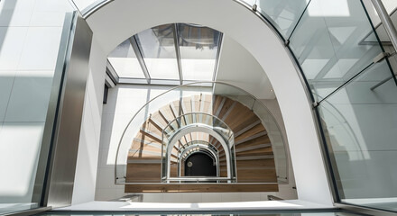 Fototapeta premium Modern Staircase In Architectural Detail With Glass And Wooden Design Elements