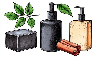 Spa Products Dark Gray Soap, Black Pump Bottle, Beige Dispenser, Cinnamon Sticks and Green Leaves