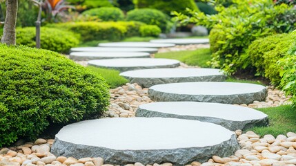 Elegant stone pathway winding through a landscaped garden.