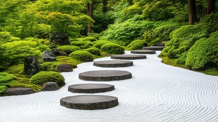 A serene zen garden path with smooth stones and raked white sand.