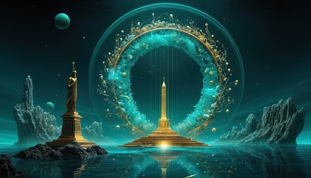 Golden monument portal in a turquoise ethereal landscape.