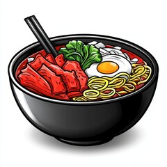 Spicy Red Ramen Noodles with Fried Egg and Meat in Black Bowl