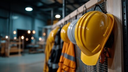 Hard hats and safety gear are neatly arranged in an industrial workspace during daytime operations