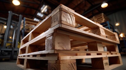 Wooden pallets stacked in an industrial warehouse during the day with a focus on craftsmanship and material quality