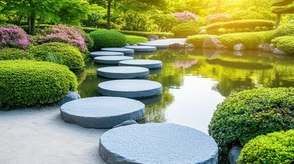 A serene garden path across a tranquil pond.