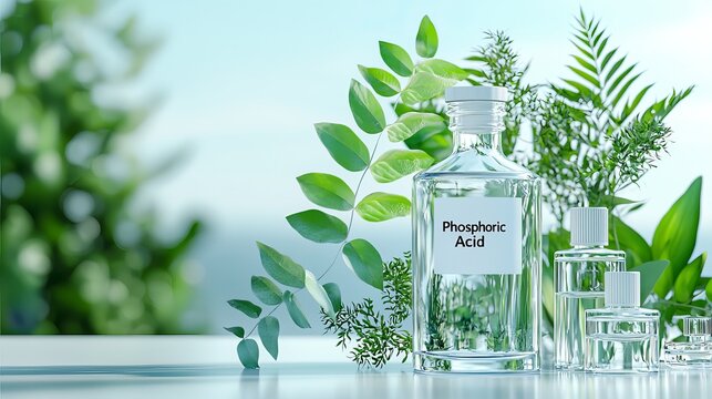 Clear glass bottles with phosphoric acid and fresh green leaves create a vibrant, natural aesthetic.