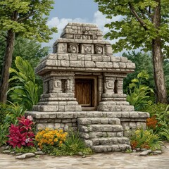 Stone Mayan Temple in Lush Tropical Garden