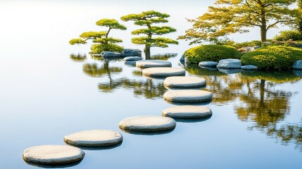 Tranquil stone pathway across a serene water garden.