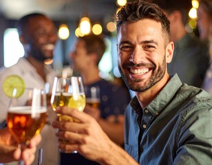 Happy men toasting at a bar