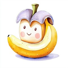 Smiling Toast with Apple Cap and Banana Watercolor Illustration