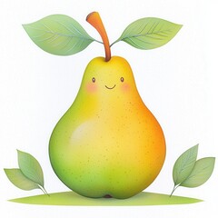 Smiling Yellow and Green Pear Illustration with Leaves