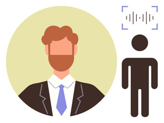 Businessman in a suit with focused voice recognition waveform and a human avatar symbol. Ideal for technology, communication, biometrics, identity, artificial intelligence, networking, teamwork