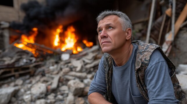 Man surveys destruction in urban area after explosion during day in a war-torn location - Powered by Adobe