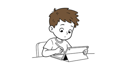 Young boy studying with tablet and writing notes at a desk  