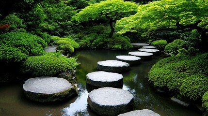 A serene garden path with stepping stones.