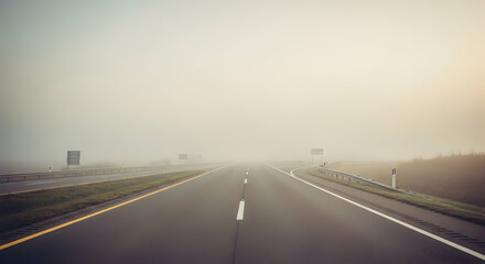 Fototapeta premium Highway Journey Through Dense Fog Creating An Eerie And Atmospheric Landscape