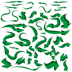 Curvy green arrows. Flowing shapes variety. Wavy movement designs. Directional arrow collection.