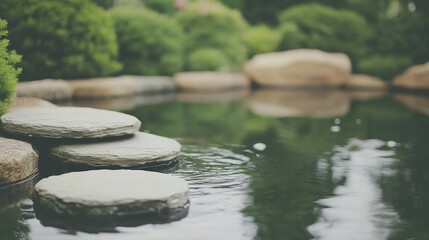 Calm stone steps leading into a serene pond.