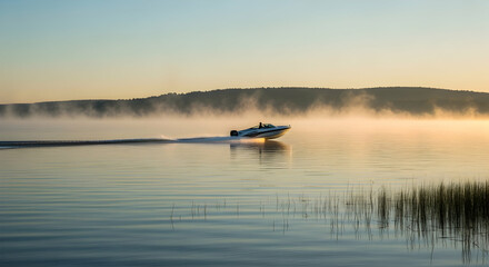 Naklejka premium Motorboat Sailing Through Serene Lake On Misty Morning In Golden Light
