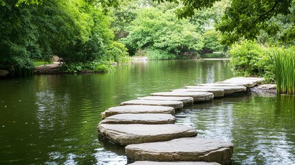 Smooth stones form a tranquil path across a serene pond.